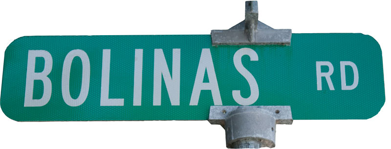 Bolinas Road Street sign is green with white lettering.