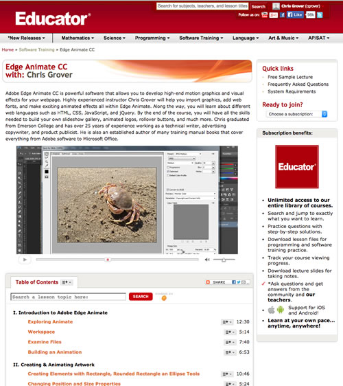 Edge Animate CC by Chris Grover - online training course available from Educator.com