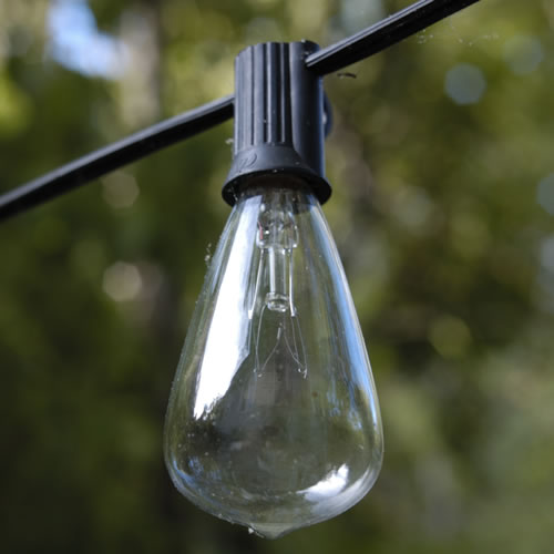 A clear Edison light bulb on a wire outdoors. What a good idea!
